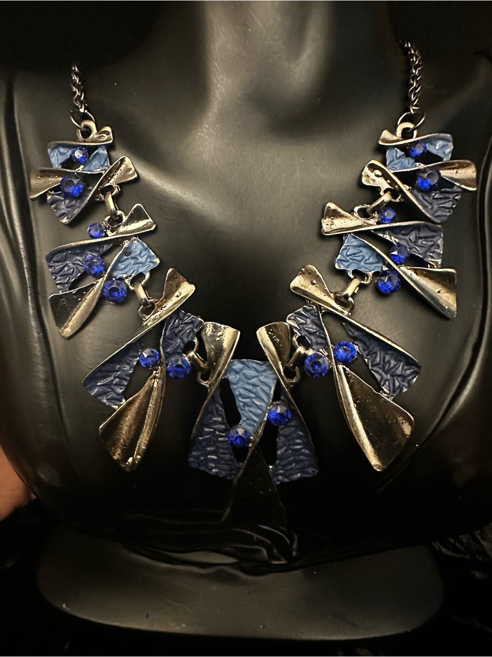 Vintage Blue & Silver Statement Necklace Geometric Art Jewelry